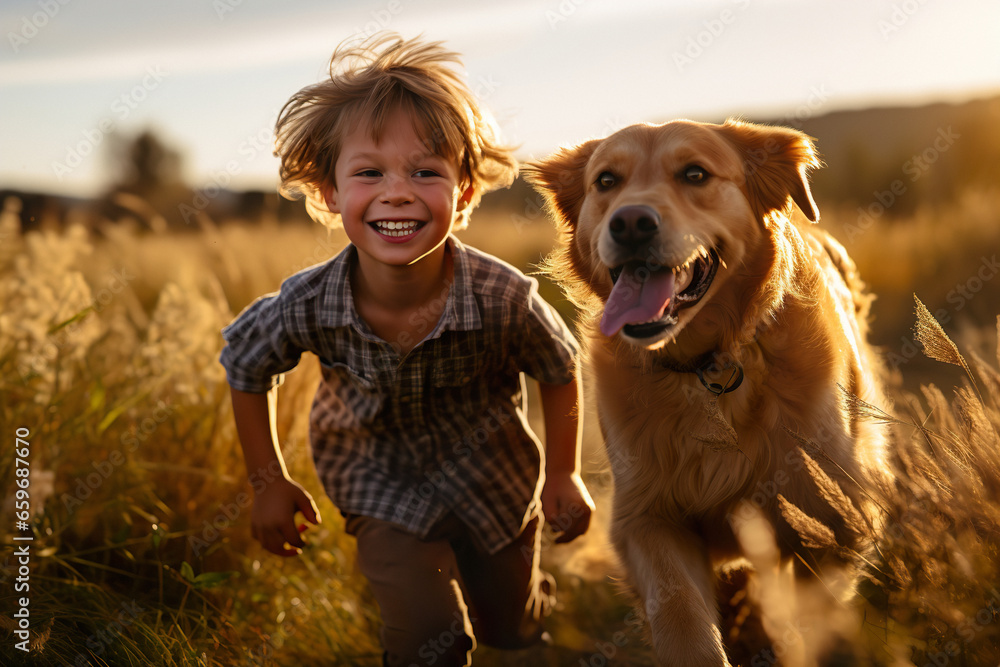 A jubilant little boy racing through a sun-kissed meadow with his loyal Golden Retriever A jubilant little boy racing through a sun-kissed meadow with his loyal Golden Retriever