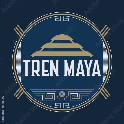 Tren Maya, Mayan Train spanish text, sign tourism station design, Mayan pyramid