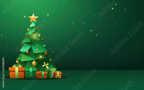 Decorated Christmas tree with gifts on green background. Merry Christmas. Simple holiday illustration