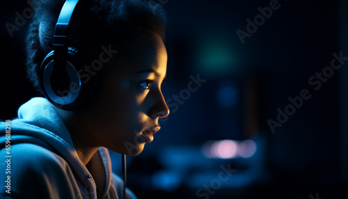 Young adult enjoying nightlife, listening to music generated by AI © Jeronimo Ramos