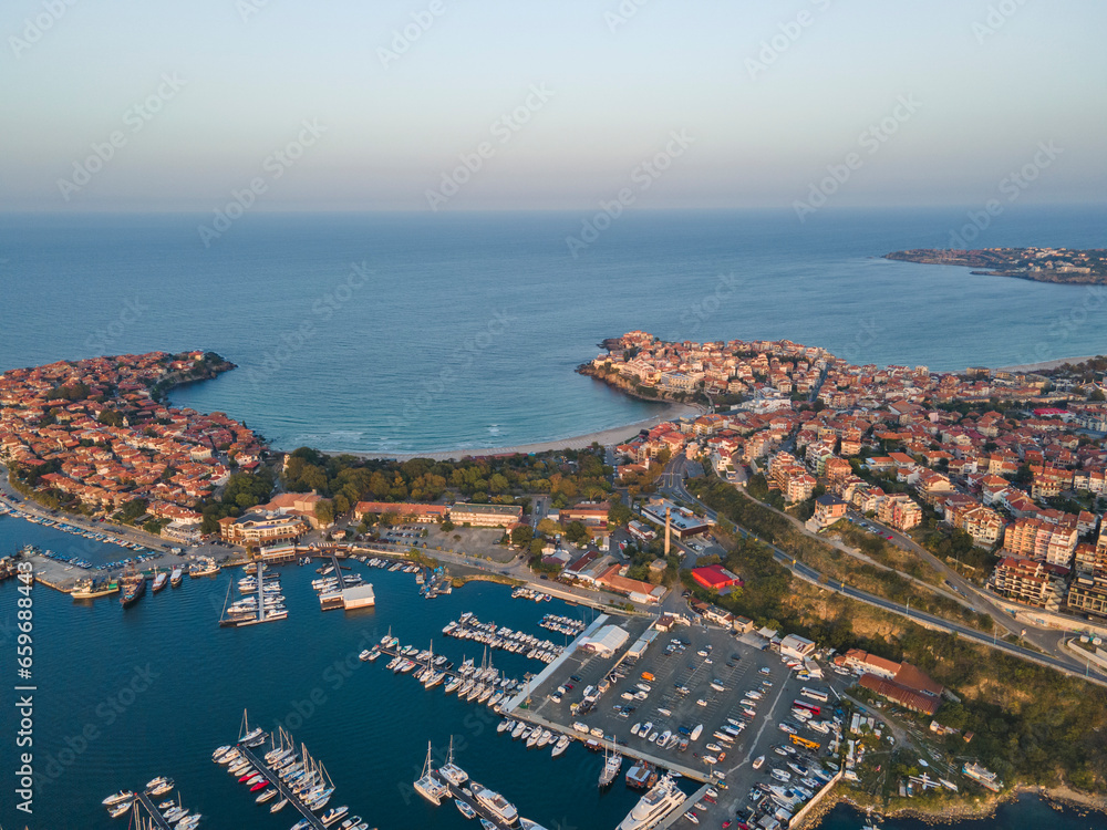 Aerial sunset view of old town of Sozopol, Bulgaria