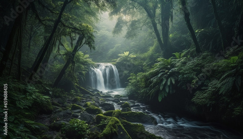 Tropical rainforest beauty in nature green fern, wet rock, flowing water generated by AI © Stockgiu