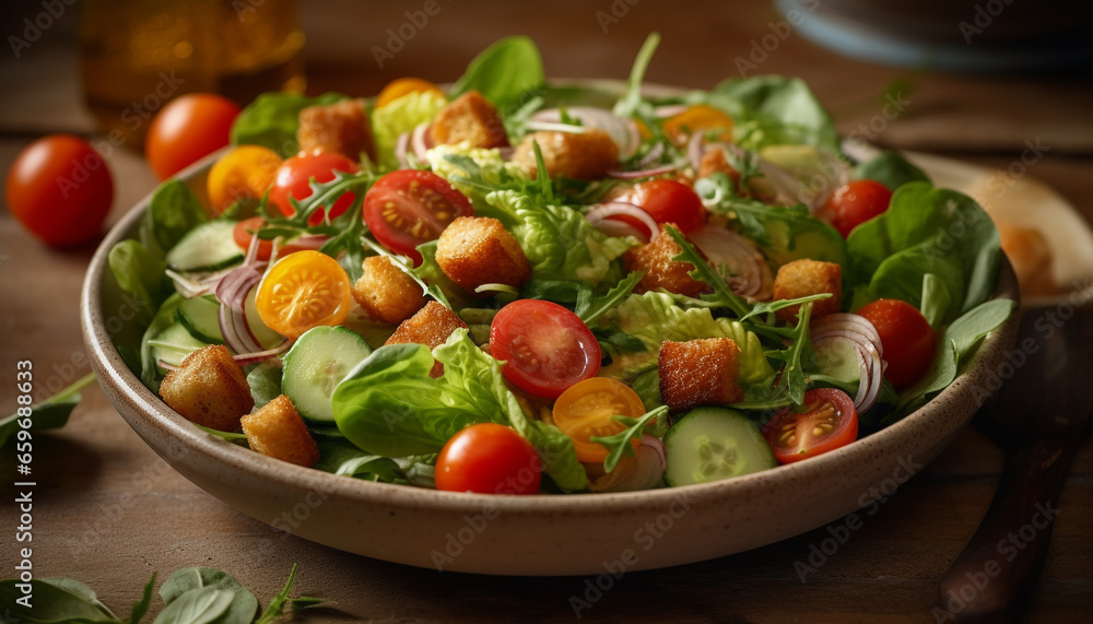 Fresh gourmet salad with organic vegetables, mozzarella, and cherry tomatoes generated by AI Fresh gourmet salad with organic vegetables, mozzarella, and cherry tomatoes generated by AI