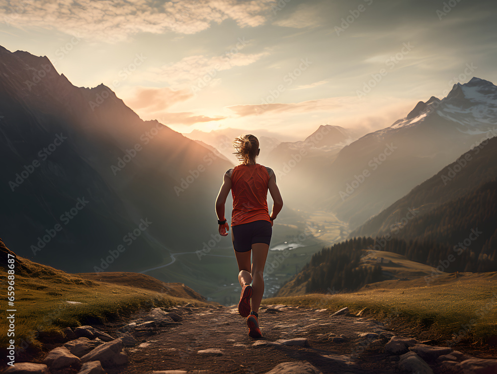 Fototapeta premium Mountain Trail Runner in Noon Sunlight