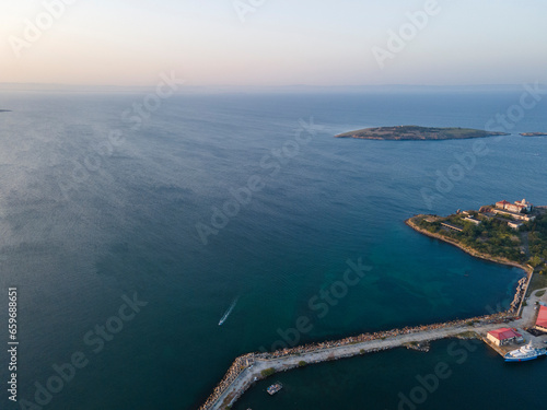 Aerial sunset view of old town of Sozopol, Bulgaria