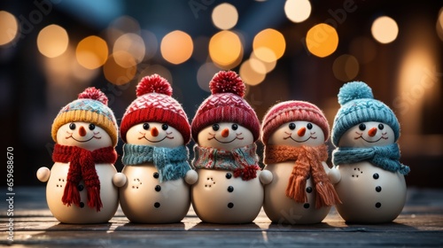 Christmas background with smiling snowmen with wool hats and scarfs. Merry Christmas holiday wallpaper