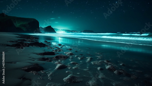 Tranquil scene of illuminated horizon over water, majestic galaxy above generated by AI
