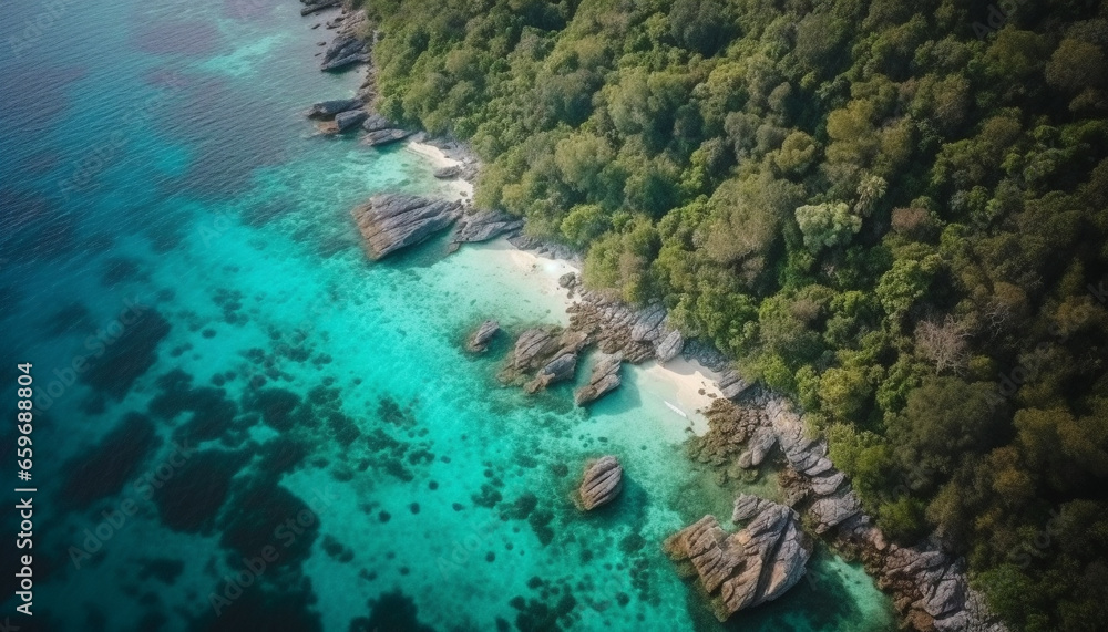 Aerial view of tranquil turquoise coastline, natural beauty in nature generated by AI
