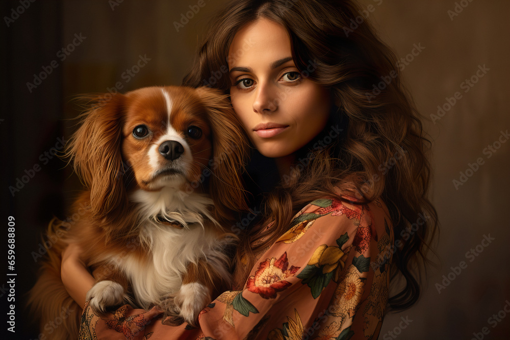 A trendy woman in bohemian fashion holding her affectionate Cavalier King Charles Spaniel A trendy woman in bohemian fashion holding her affectionate Cavalier King Charles Spaniel
