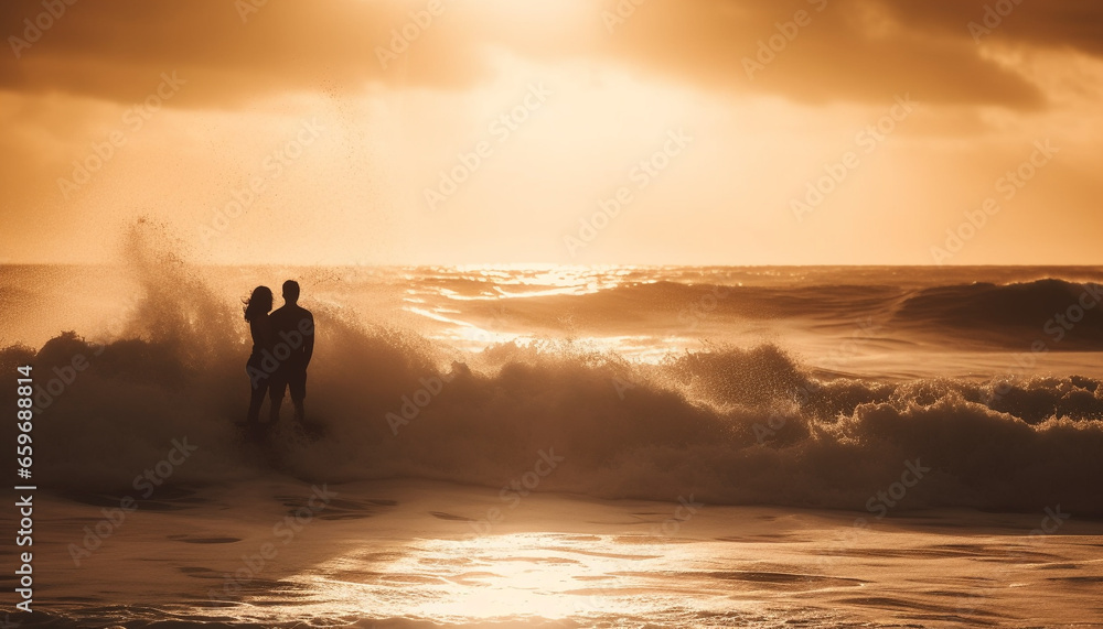 Silhouette of two men surfing at dusk on beautiful coastline generated by AI
