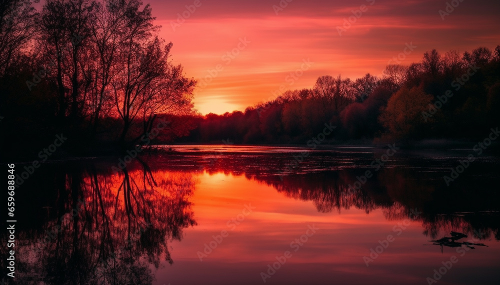 Fototapeta premium Vibrant sunset reflects tranquil beauty of nature multi colored landscape generated by AI