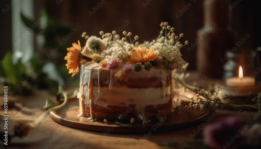 Rustic wedding cake with chocolate icing, berry and flower decoration generated by AI