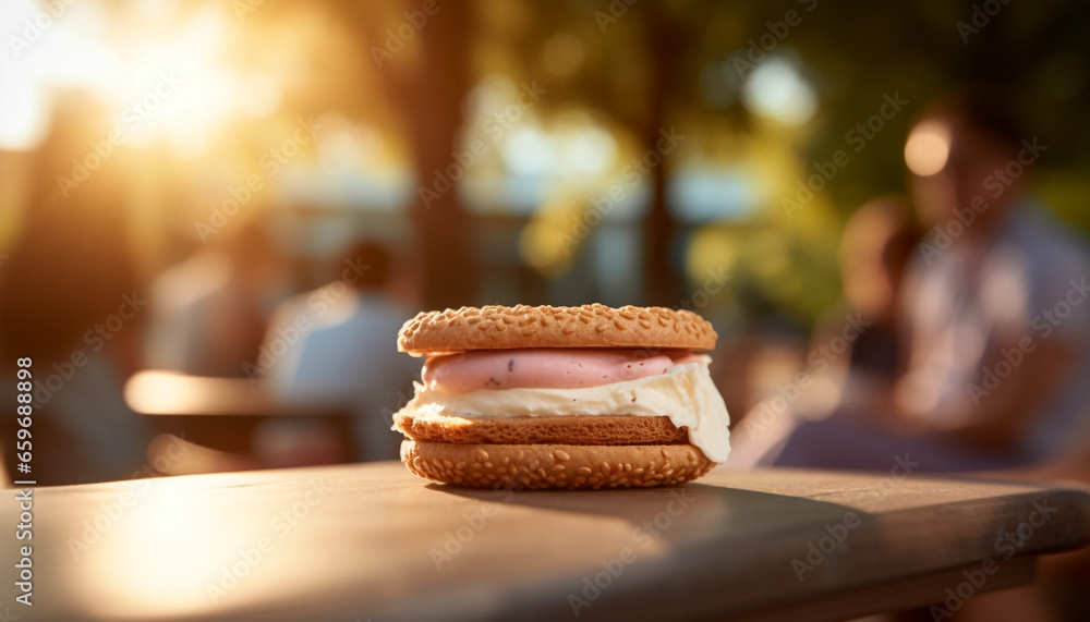 Fresh gourmet burger on wooden plate, perfect for outdoor lunch generated by AI Fresh gourmet burger on wooden plate, perfect for outdoor lunch generated by AI