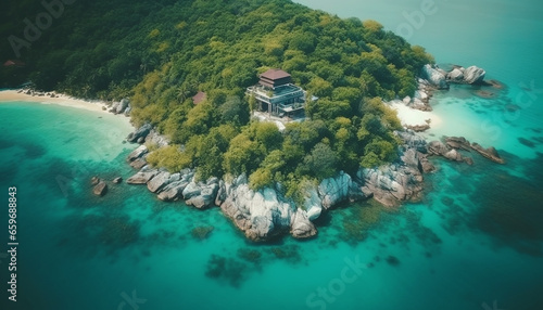 Idyllic tropical coastline, turquoise water, palm trees, and flying drone generated by AI © Stockgiu