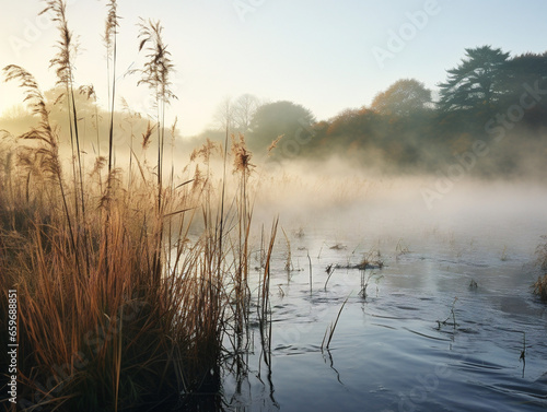 A tranquil and captivating nature scene featuring river reeds covered in fog against a beautiful backdrop.