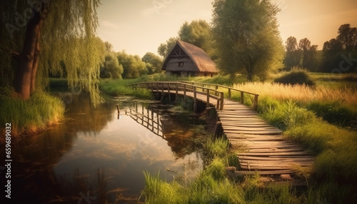 Wallpaper Mural Tranquil scene of old cottage by pond in autumn forest generated by AI Torontodigital.ca