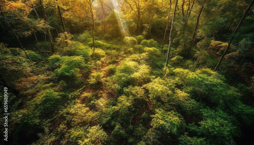 Vibrant autumn foliage paints a mystical forest landscape in dusk generated by AI