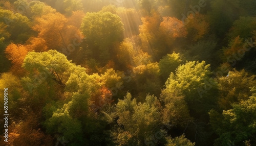 Vibrant autumn forest, multi colored leaves, tranquil rural landscape beauty generated by AI © Stockgiu