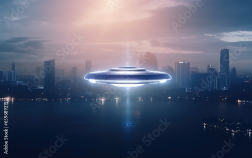 UFO, alien saucer floating in the air. Unidentified flying object, alien invasion of earth, extraterrestrial life, humanoid spaceship. strangers. © AndErsoN