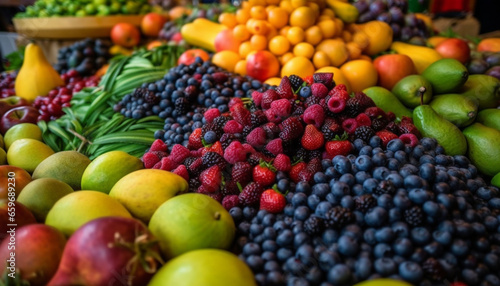 Abundance of juicy, ripe, multi colored berry fruit in nature supermarket generated by AI