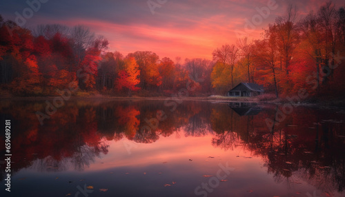 Autumn forest reflects tranquil sunset on water generated by AI