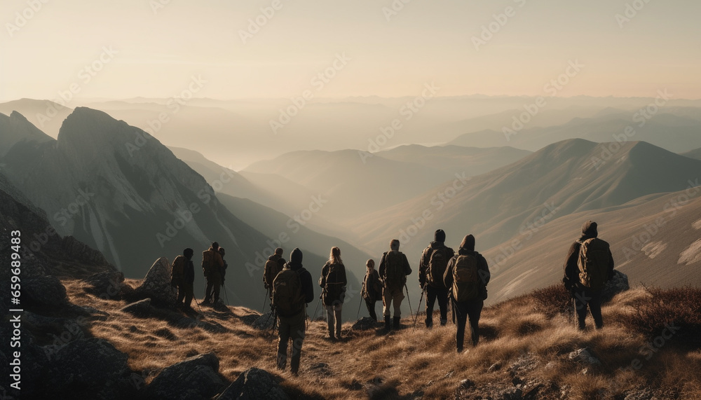 Men hiking mountain peak, walking outdoors, group of people exploring nature generated by AI - obrazy, fototapety, plakaty 