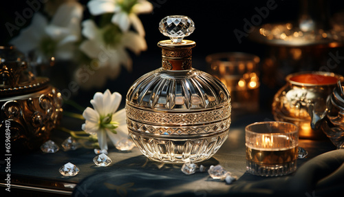 Elegant antique table holds ornate candle, glass, and bottle generated by AI