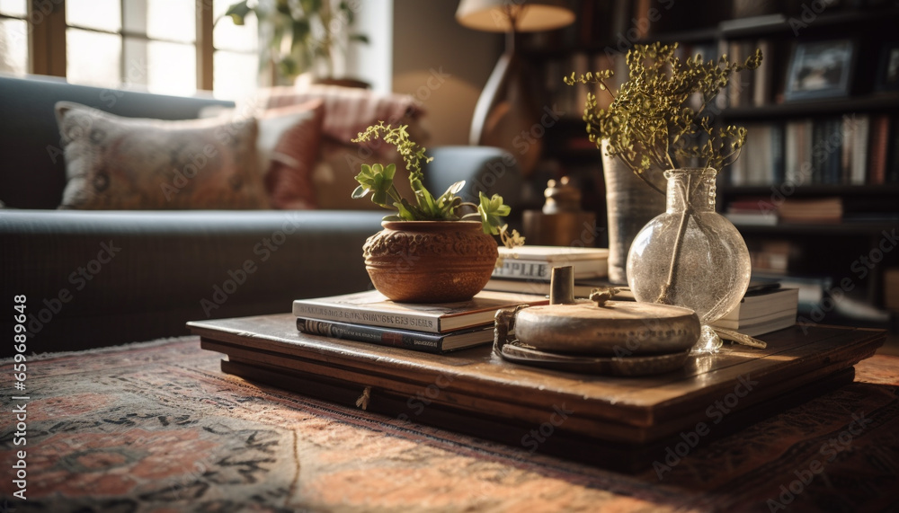 Elegant living room with antique bookshelf decoration generated by AI