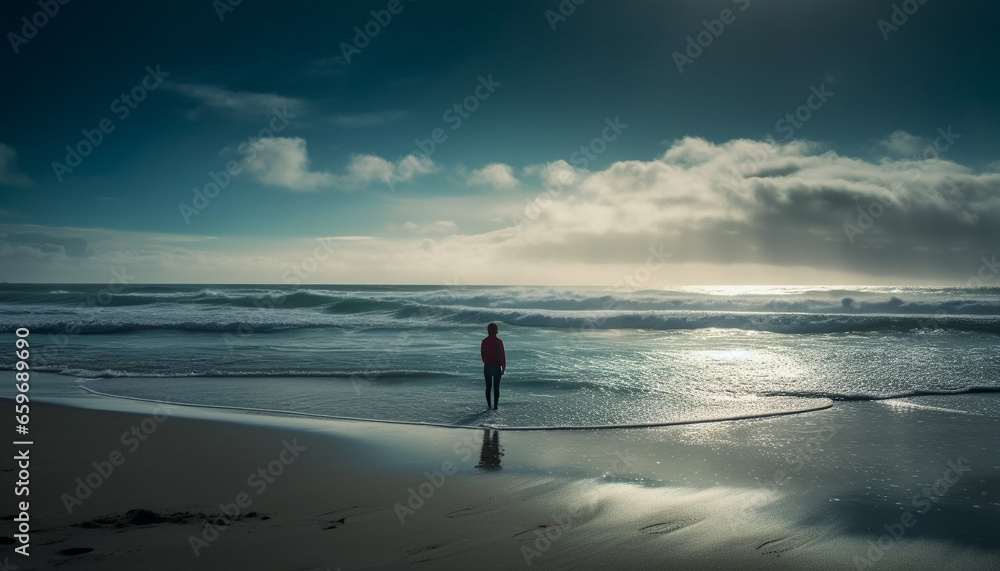 One person exercising in tranquil scene, back lit by sunset generated by AI