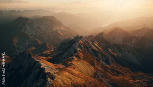 Adventure seekers hike majestic mountain range at dawn, surrounded by beauty generated by AI