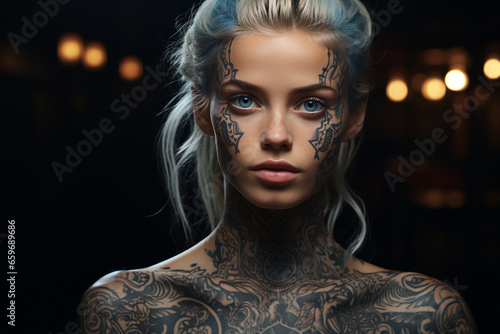 Tattoo on a woman's body, skin. Tattoo on a woman's body, skin. Tatu as a separate art form, unique design, authentic contours, bold look, confident character, free Makeup, artistic drawing.