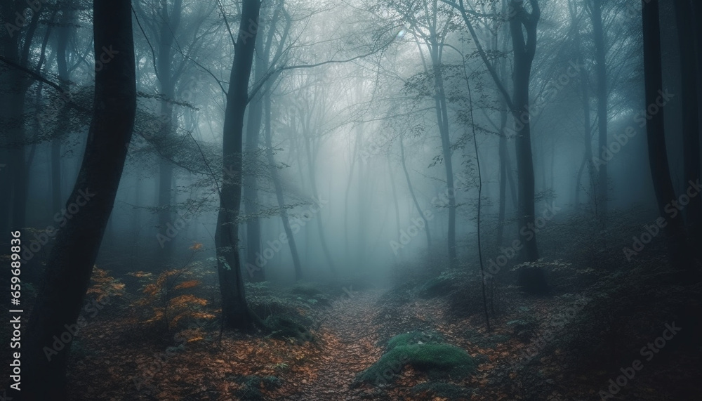 Naklejka premium A spooky forest in autumn, a mysterious and dark landscape generated by AI