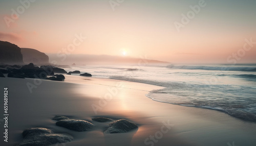 Tranquil sunset over blue waters, rocky coastline reflects beauty in nature generated by AI
