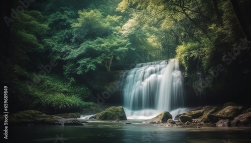 Tranquil scene of majestic tropical rainforest with flowing water and greenery generated by AI