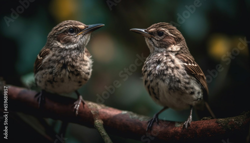 Two cute sparrows perching on branch outdoors generated by AI