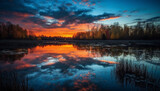 Vibrant sunset reflects on tranquil forest pond generated by AI