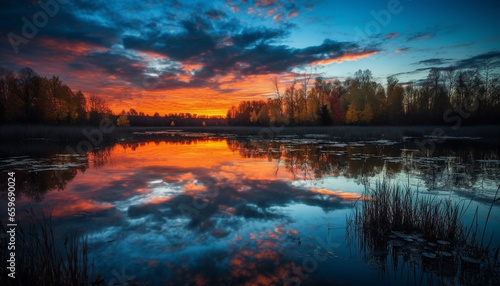 Vibrant sunset reflects on tranquil forest pond generated by AI