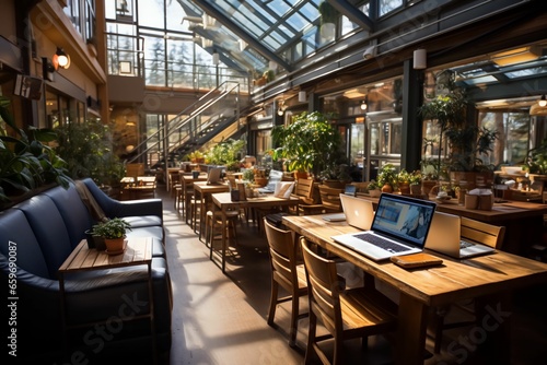 Espace de coworking dans un tearoom, style Starbucks café, Teambuilding dans une jolie pièce épurée et design, belle decoration, vitré et vue magnifique, restaurant, bar tendance esthétique