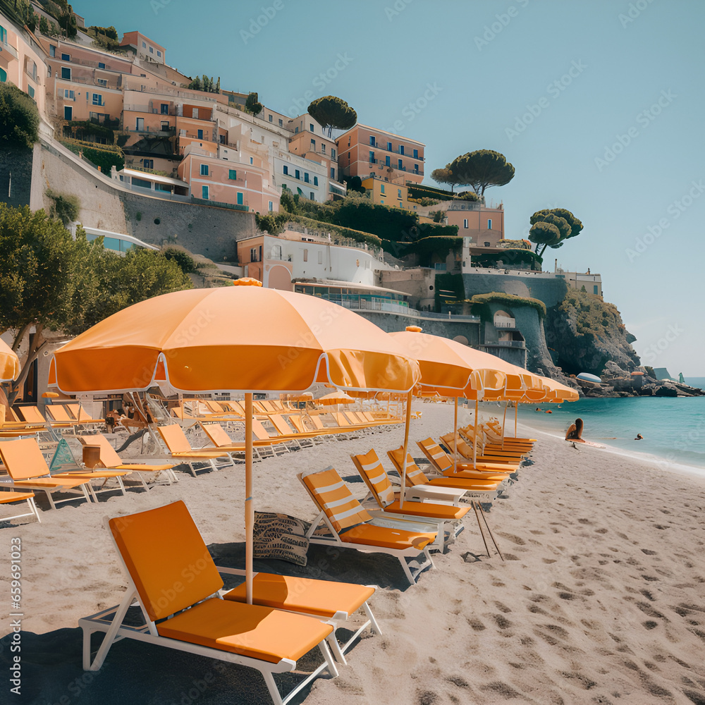 Beach umbrellas, Mediterranean Coast Village.