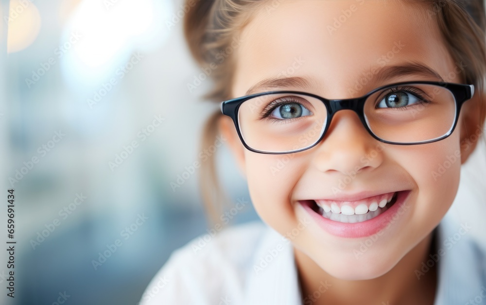 Young child girl trying new glasses in an optician Young child girl trying new glasses in an optician