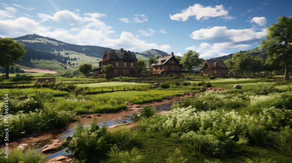 Naklejka premium A quaint town surrounded by rolling hills.UHD wallpaper