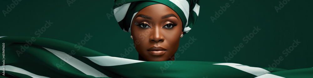 Woman in Nigerian Flag Green White Dress and Headwrap. Nigeria Independence Day. Model in Fashion African Turban over Gray. Muslim Women wearing Green Headscarf drape Woman in Nigerian Flag Green White Dress and Headwrap. Nigeria Independence Day. Model in Fashion African Turban over Gray. Muslim Women wearing Green Headscarf drape