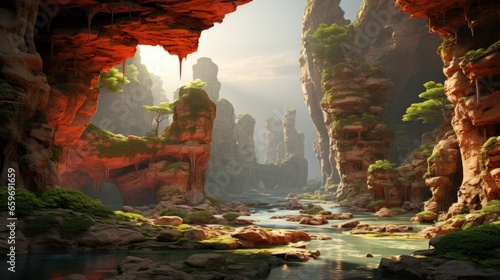 A surreal digital canyon with shimmering pixel. UHD wallpaper