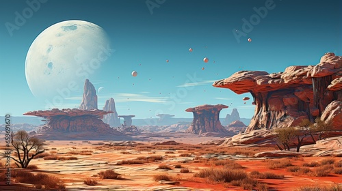 A surreal digital desert landscape with floating rock.UHD wallpaper