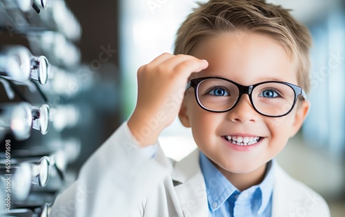Young child boy trying new glasses in an optician