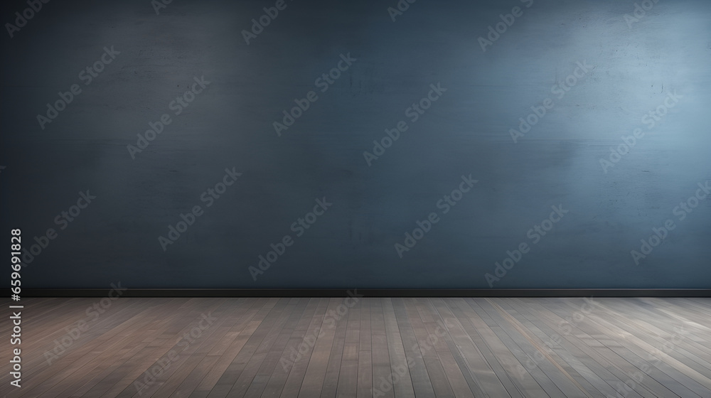 Blue wall background with copy space in an empty room with brown parquet floor. Classical wall molding decoration in modern empty luxury home interior. - obrazy, fototapety, plakaty 