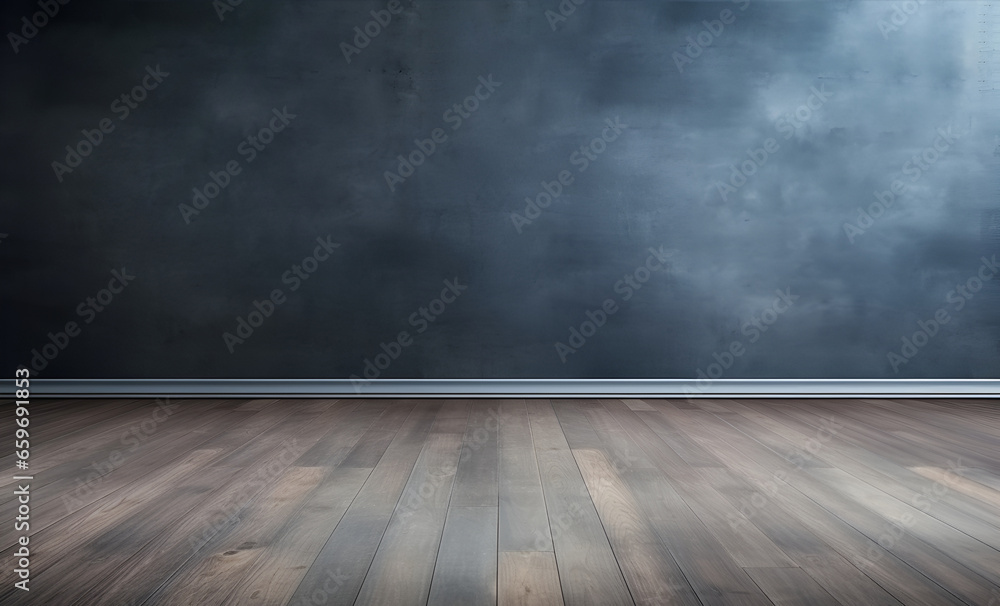 Blue wall background with copy space in an empty room with brown parquet floor. Classical wall molding decoration in modern empty luxury home interior. Blue wall background with copy space in an empty room with brown parquet floor. Classical wall molding decoration in modern empty luxury home interior.