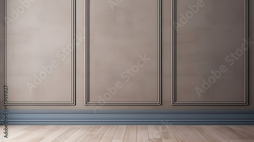 Brown wall background with copy space in an empty room with brown parquet floor. Classical wall molding decoration in modern empty luxury home interior.