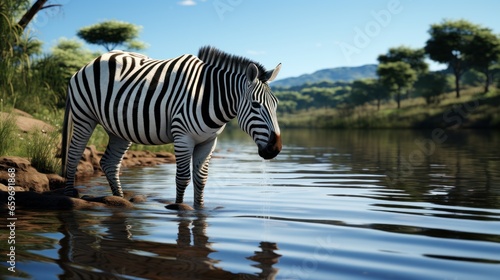 A zebra drinking fraom a crystal clear river photo.UHD wallpaper © Ghulam