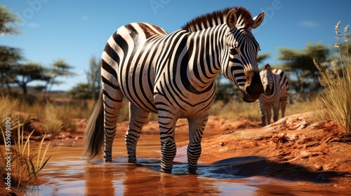 A zebra drinking fraom a crystal clear river photo.UHD wallpaper